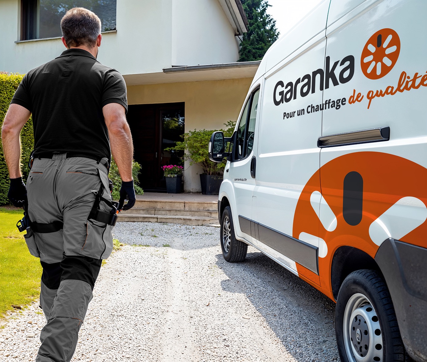 Un technicien Garanka se rend chez un client, à côté de son véhicule d’intervention.