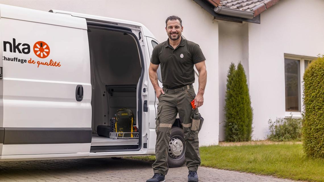 Technicien de maintenance chauffage Garanka devant son camion chez le client