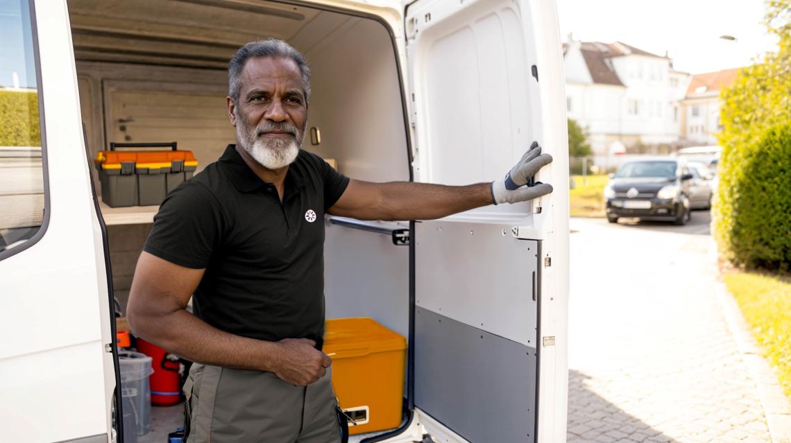 Technicien Garanka devant son camion chez un client