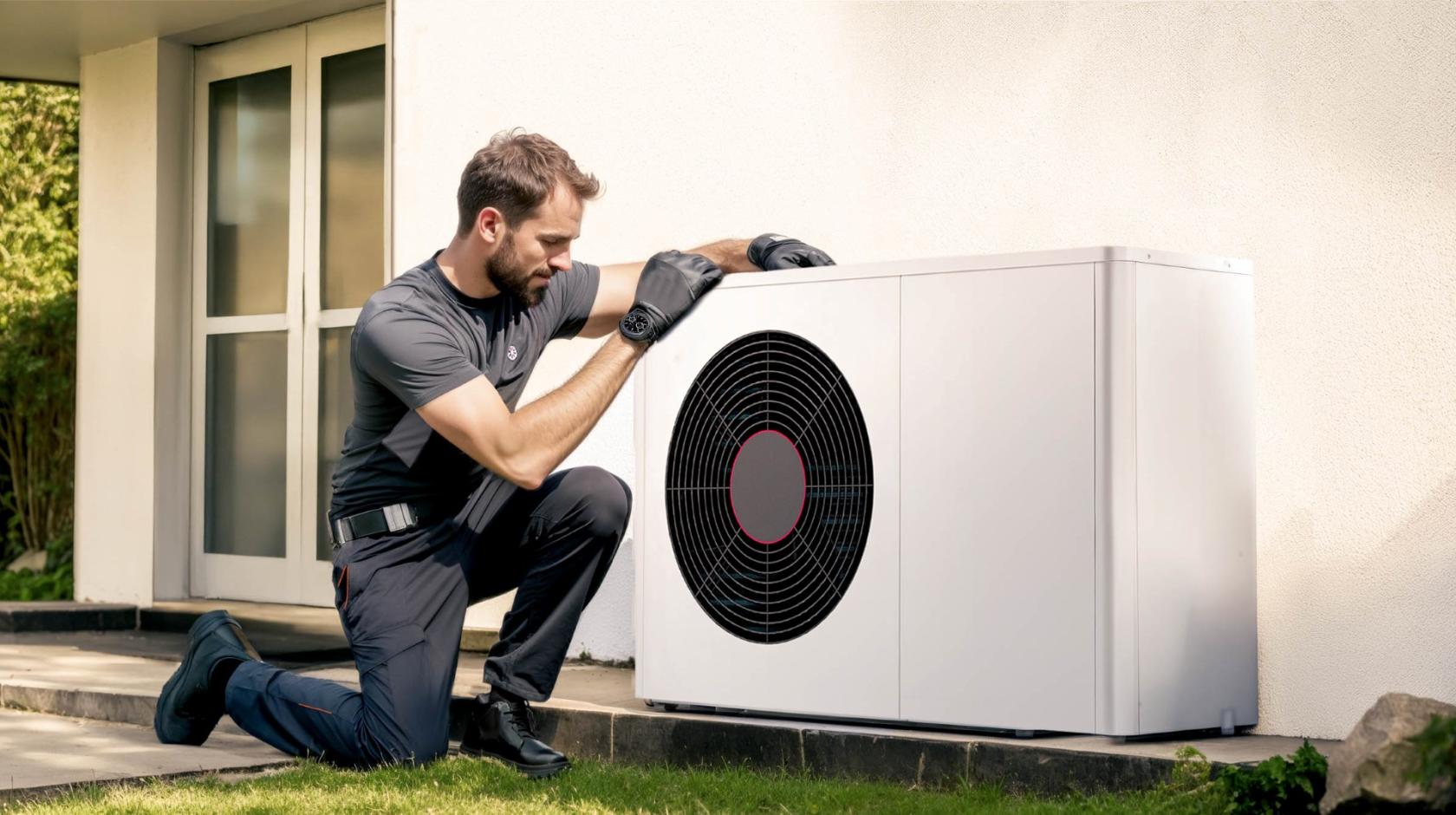 technicien qui installe une pompe à chaleur