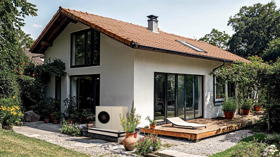 maison avec une pac dans le jardin