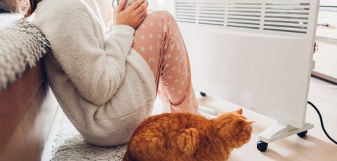 femme et chat devant radiateur electrique