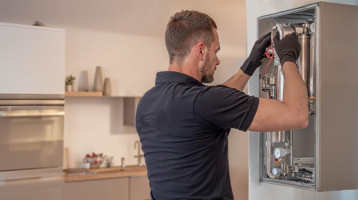 Technicien bricolant une chaudière