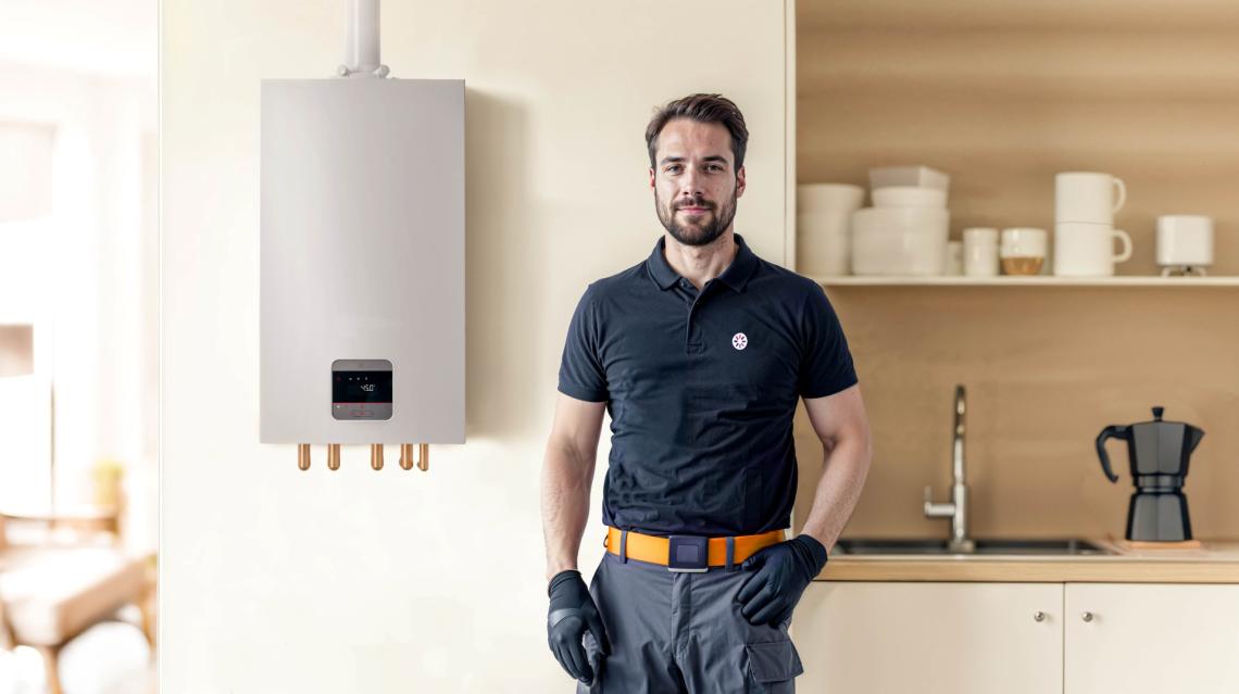 technicien devant une chaudiere