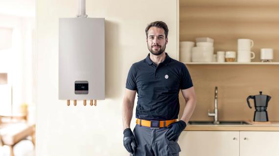 technicien devant une chaudiere