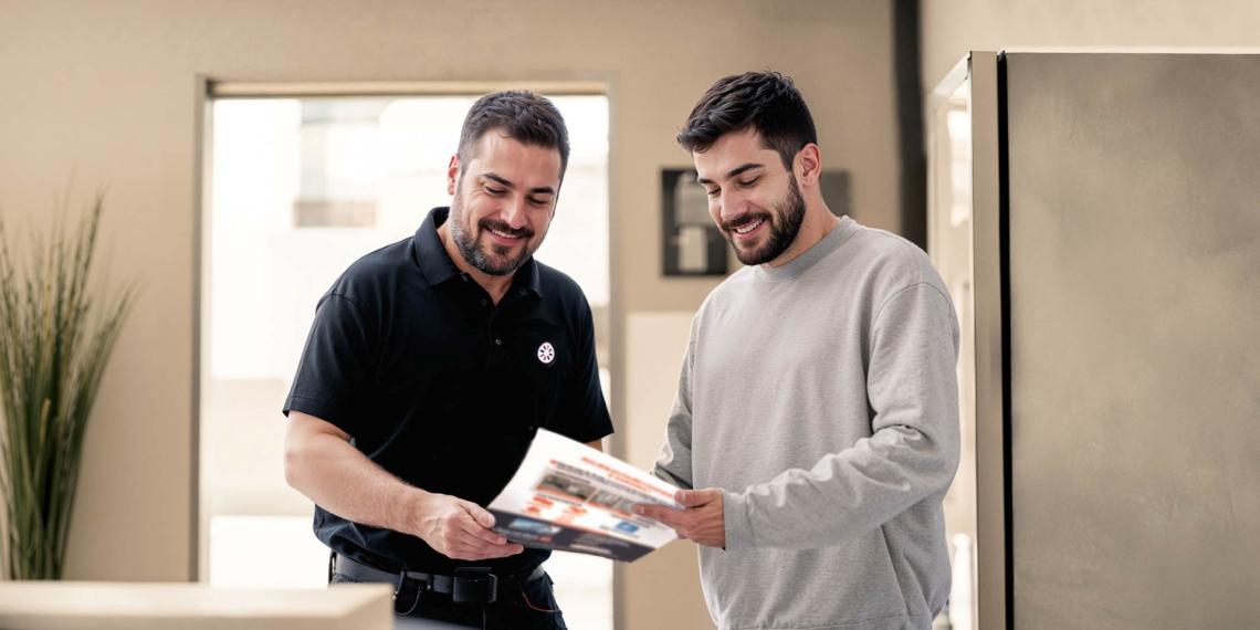 Entretien de la chaudière par un technicien avec un client